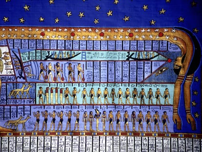 La diosa Nut se dobla para crear el cielo. Copia de papiro basada en la decoración del templo egipcio de Dendera.