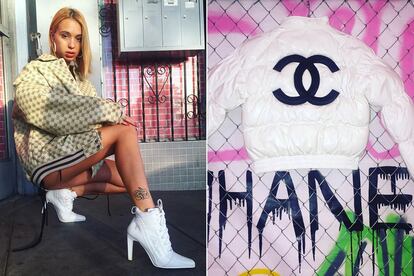 A la izquierda, Bad Gyal con una de las creaciones de Freak City. A la derecha, otro diseño de la marca con logo de Chanel.