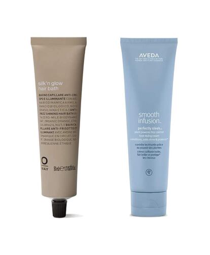 Dos productos antiencrespamiento para domar flequillos cortos: Silk’n Glow de Oway y Smooth Infusion de Aveda.