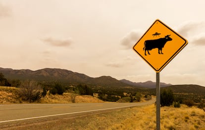 Sign of cattle abduction between Santa Fe and Albuquerque.