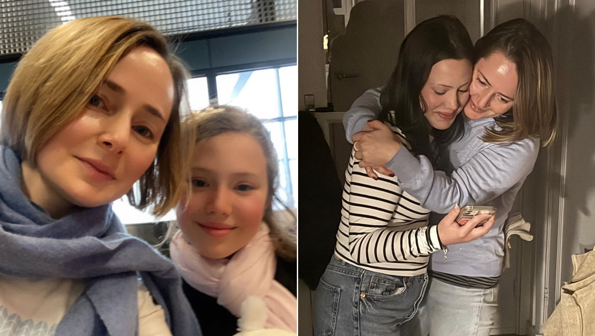 Oleksandra Balyasna y su hija Diana, en 2022, antes de tomar el avión que les llevó a La Haya, donde posan en la segunda foto cuatro años después.