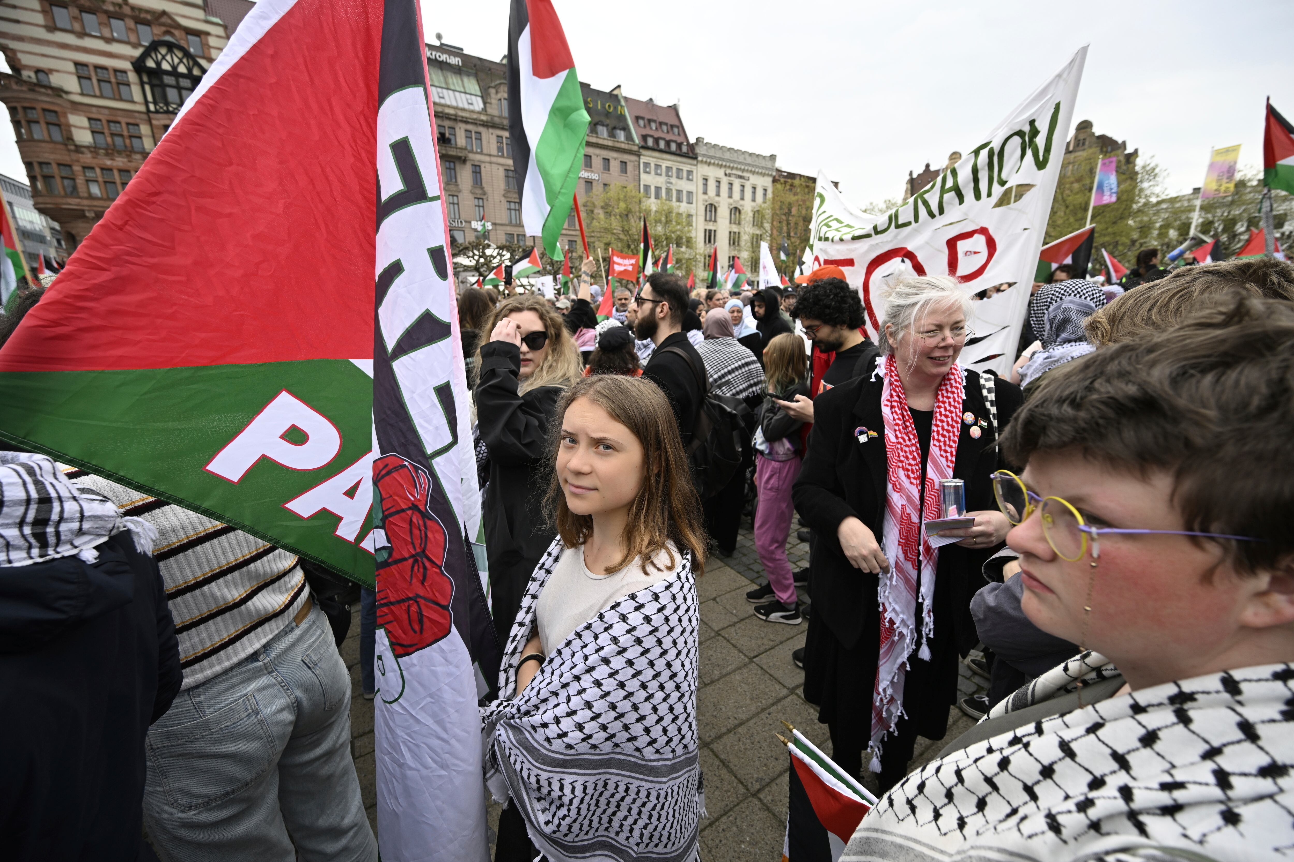 Greta Thunberg, en la manifestación a favor del pueblo palestino este jueves en Malmö.