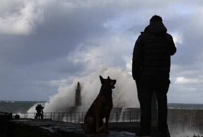 Asturias está en nivel naranja con acumulaciones de nieve de 30 centímetros en 24 horas a partir de 800 metros en la cordillera y Picos de Europa y se esperan olas de hasta ocho metros en esa comunidad. Un hombre y su perro observan el efecto del temporal en puerto de Viavélez, en el concejo de El Franco (Asturias).