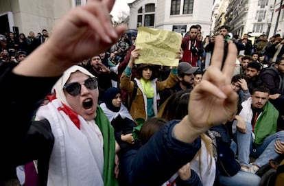 Youngsters protest in Algeria in 2019 for fair presidential elections.