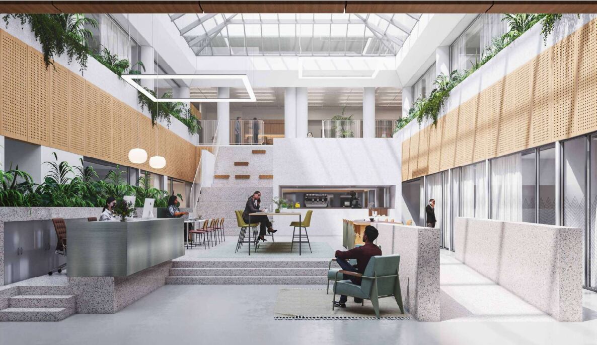 Render del futuro Spaces Bernabéu, mayor espacio de trabajo flexible de IWG en España, con 180 oficinas y capacidad para 900 puestos, ubicado frente al estadio del Real Madrid. 