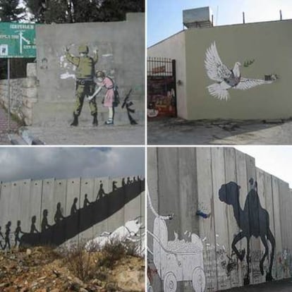 Niña <i>cacheando</i> a soldado israelí (arriba, izquierda) en el campo de refugiados de Dheisheh, y paloma con chaleco antibalas sobre un muro perforado por proyectiles (arriba, derecha), ambos de Banksy. Escalera mecánica (abajo, izquierda) y camello (derecha), por el español Sam3.