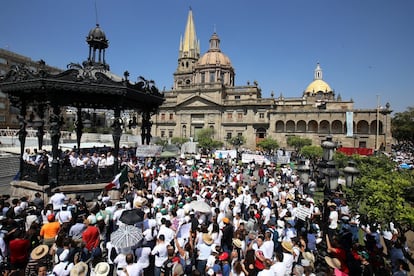 Manifestantes participan en la marcha "Vibra México" hoy, domingo 12 de febrero de 2107, en las principales calles de Guadalajara.