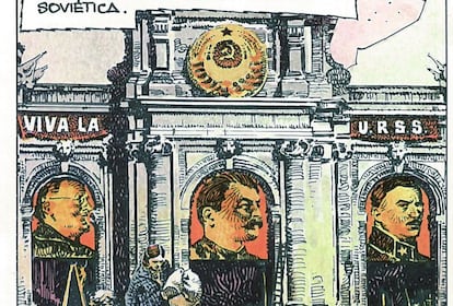 Viñeta del cómic bélico 'Eloy, uno entre muchos', que ilustra la Puerta de Alcalá con los rostros de los líderes de la revolución rusa. El Gobierno de la República decoró así el monumento madrileño con motivo del vigésimo aniversario de la revolución rusa y Hernández Palacios lo refleja fielmente.