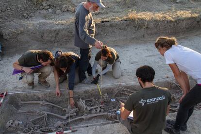 Un equipo de la Sociedad de Ciencias Aranzadi trabaja en la exhumación de una fosa en Soria.