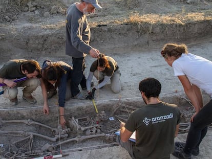 Un equipo de la Sociedad de Ciencias Aranzadi trabaja en la exhumación de una fosa en Soria.