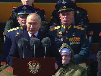 Russian President Vladimir Putin delivers a speech during a military parade on Victory Day, which marks the 79th anniversary of the victory over Nazi Germany in World War Two, in Red Square in Moscow, Russia, May 9, 2024, in this still image taken from live broadcast video. Kremlin.ru/Handout via REUTERS ATTENTION EDITORS - THIS IMAGE WAS PROVIDED BY A THIRD PARTY. MANDATORY CREDIT.