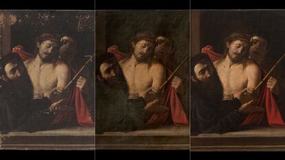 De izquierda a derecha, tres imágenes que muestra el proceso de restauración del cuadro. Imágenes cedidas por el Museo del Prado y Colnaghi.