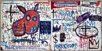 Se despliega en la sala 306, fue pintado en 1982, junto a 'Moisés y los egipcios', en un momento decisivo en la trayectoria de Basquiat: tras su descubrimiento como artista y antes de su época de máxima productividad. Ambas piezas son claves para la comprensión de su pintura durante la década de los 80. Se concibe como una gran pizarra en la que garabatear y mezclar signos. Una mezcla de humor y primitivismo.