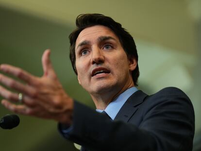 Canadian Prime Minister Justin Trudeau speaks during a press conference on Parliament Hill in Ottawa.