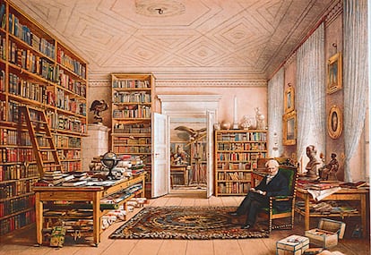 La pintura de Hildebrant, de Humboldt en su biblioteca de Berlín, refleja el mundo sereno del final de sus días.