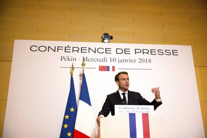 El presidente francés Emmanuel Macron durante la conferencia de prensa en Pekín.