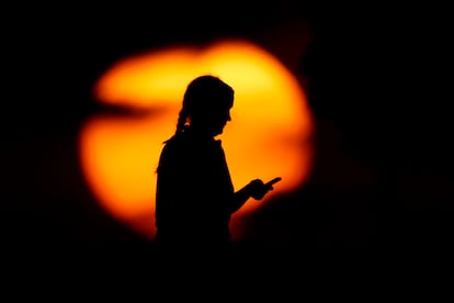 Una mujer mira su teléfono en un parque de Estados Unidos.