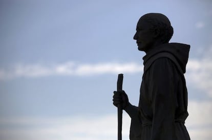 A statue of St. Junípero Serra outside the San Gabriel Mission in Los Angeles.