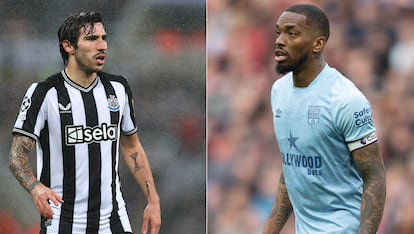 Sando Tonali (izquierda) durante un encuentro de Champions League con el Newcastle frente al Borussia Dortmund, el 25 de octubre. A la derecha, Ivan Toney (Brentford) en Anfield (Liverpool), el 6 de mayo.