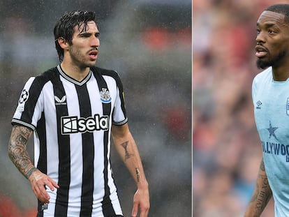 Sando Tonali (izquierda) durante un encuentro de Champions League con el Newcastle frente al Borussia Dortmund, el 25 de octubre. A la derecha, Ivan Toney (Brentford) en Anfield (Liverpool), el 6 de mayo.