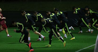 La selección española, durante el entrenamiento.