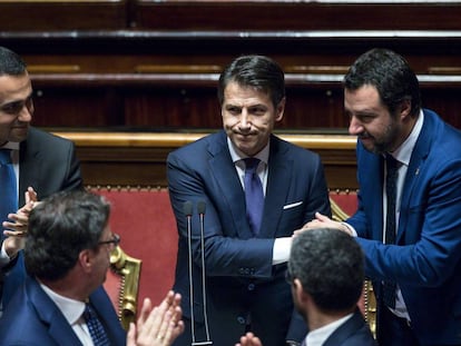 El primer ministro de Italia, Giuseppe Conte, tras su discurso en el Senado.