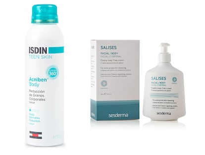 Spray de Isdin para la reducción de granos corporales y jabón facial y corporal de Sesderma.