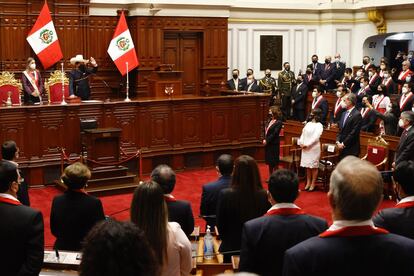 Pedro Castillo durante sua posse como presidente do Peru.