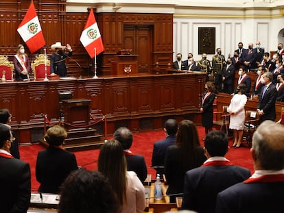 Pedro Castillo durante sua posse como presidente do Peru.