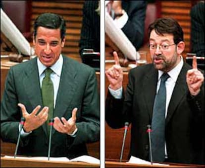 Eduardo Zaplana y Joaquim Puig durante el debate de ayer en las Cortes.