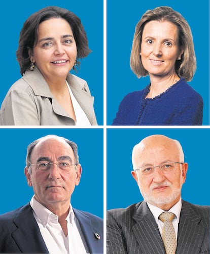 De arriba abajo y desde la izquierda: Almudena Román, de ING; Cristina Ruiz, de Indra; José Ignacio Sánchez Galán, de Iberdola y Juan Roig, de Mercadona.