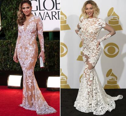 Jennifer Lopez no Globo de Ouro, em janeiro de 2013. E Beyoncé no Grammy, em janeiro de 2014. As transparências e rendas que também monopolizaram todos os olhares no tapete vermelho no último baile de gala do MET, embora naquela ocasião tenha sido Kim Kardashian que se uniu à dupla.