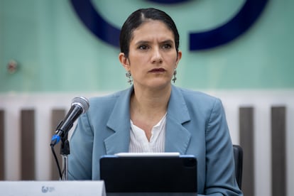 Bertha Alcalde Luján durante una conferencia de prensa, en Ciudad de México, el 21 de mayo 2025.