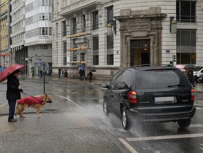 Un hombre espera para cruzar con su perro en un paso de cebra de A Coruña, este miércoles bajo las lluvias de 'Gaetan'.