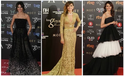 Goya Toledo apostó por los vestidos de ensueño de alta costura de Elie Saab para la edición de los Goya de 2015, año en el que estaba nominada a mejor actriz de reparto por su trabajo en ‘Marsella’. El diseñador libanés también firmaba el traje que la actriz escogió en 2013 (en el centro de la imagen). En 2018, la actriz vistió de Carolina Herrera.