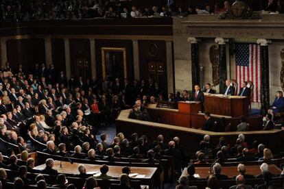 Obama durante su discurso sobre el estado de la Unión en la Cámara de Representantes