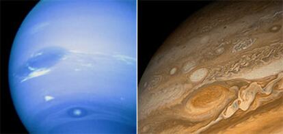 Los planetas Neptuno (izquierda), con su gran mancha oscura, y Júpiter, con la gran mancha roja, fotografiados por la misión Voyager.