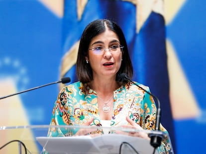 La ministra de Sanidad, Carolina Darias, durante una rueda de prensa este martes en Madrid.