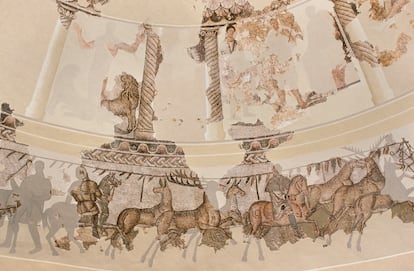 Una de las escenas representadas en los mosaicos del edificio tardorromano de Centcelles (Constantí, Tarragona).