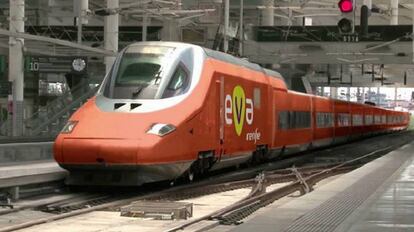 Uno de los Talgo de la serie 102 rotulado con la marca EVA de Renfe.