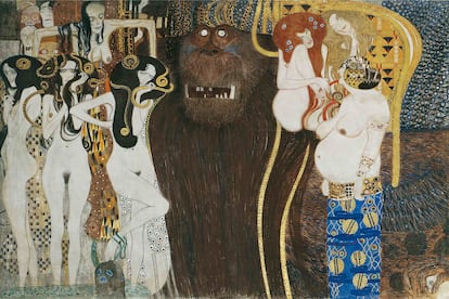 Y aquí parte del Friso de Beethoven original que Klimt terminó para la 14a exposición de la Secesión Vienesa, destinada a homenajear al compositor.