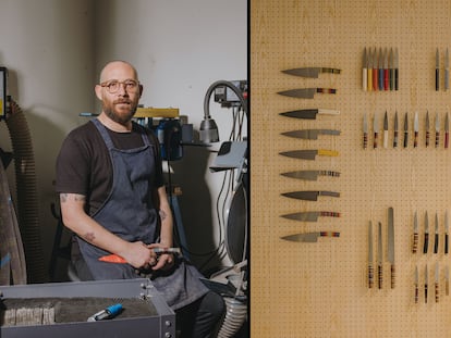 El diseñador israelí Tomer Botner, fundador de Florentine Kitchen Knives, en su taller de Barcelona. A la derecha, una muestra de los cuchillos de cocina que Botner crea en su taller. |