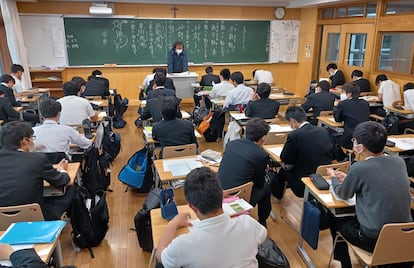 Students from the Seiko Gakuin High School, in Yokohama, during a class.