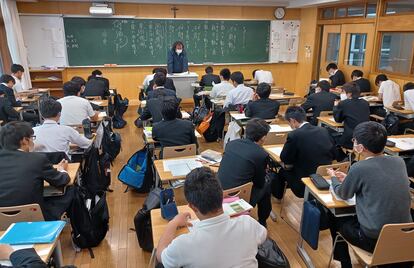 Students from the Seiko Gakuin High School, in Yokohama, during a class.