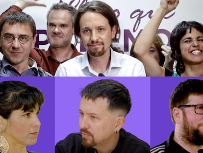 Líderes de Podemos tras las europeas de  2014 y en la actualidad