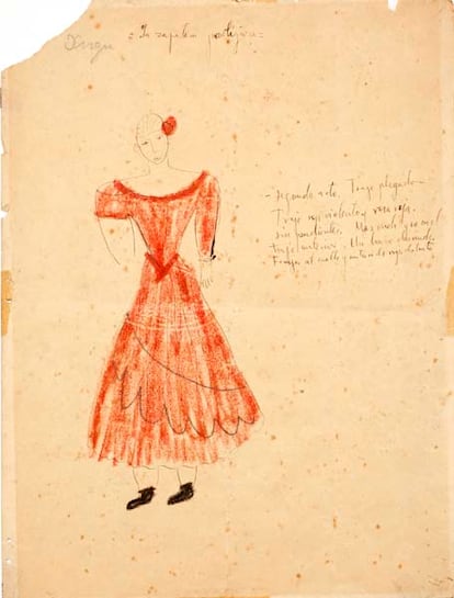 Los dibujos de Federico García Lorca para "La Zapatera Prodigiosa" (1930), a subasta. Inscripción del autor: "La zapatera prodigiosa. Segunda acto. Traje plegado. Traje rojo violento y rosa roja. Sin pendientes. Más vuelo que en el traje anterior. Un brazo desnudo. Franjas al cuello y cintura de rojo distinto".