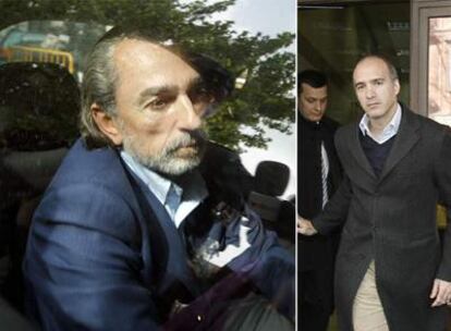 Correa llega al Tribunal Superior de Madrid el pasado abril. A la derecha, Gordon, en la Audiencia en febrero.