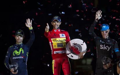 Valverde, Contador y Froome (de izq. a d.), en el podio de Santiago.