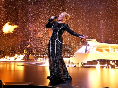 Adele sings at Caesars Palace in Las Vegas, Nevada on January 26, 2024.