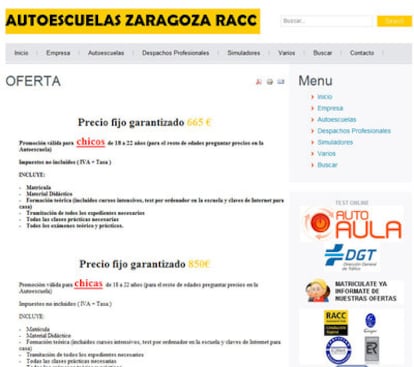 Anuncio en la web de las autoescuelas zaragozanas.